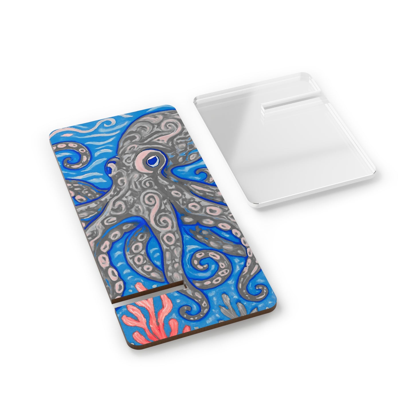 Stylish Smartphone Display Stand with Octopus Artwork - Kraken Joe/Blue