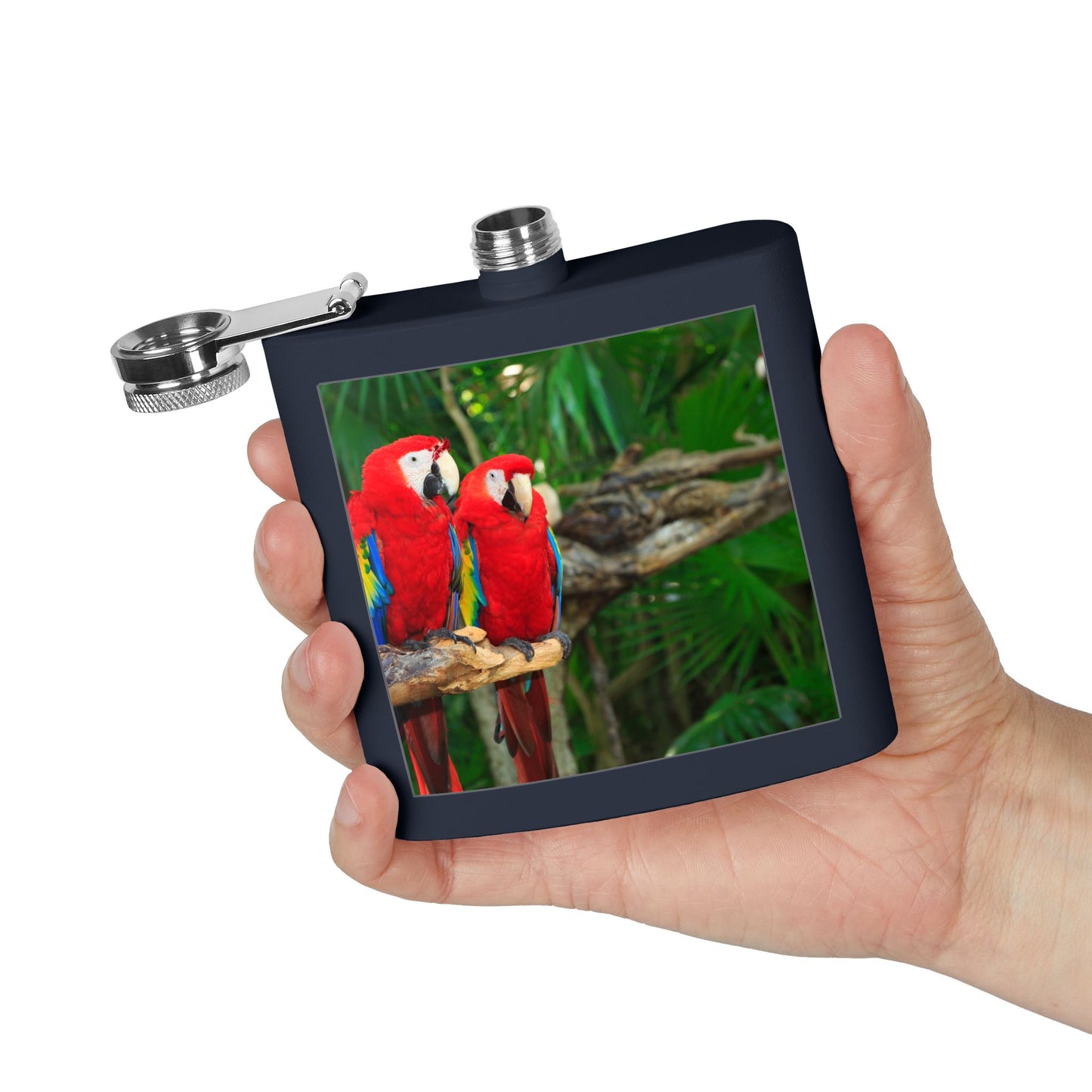 Tropical Stainless Steel 6 oz. Flask, Many Colors  – Two Red Parrots