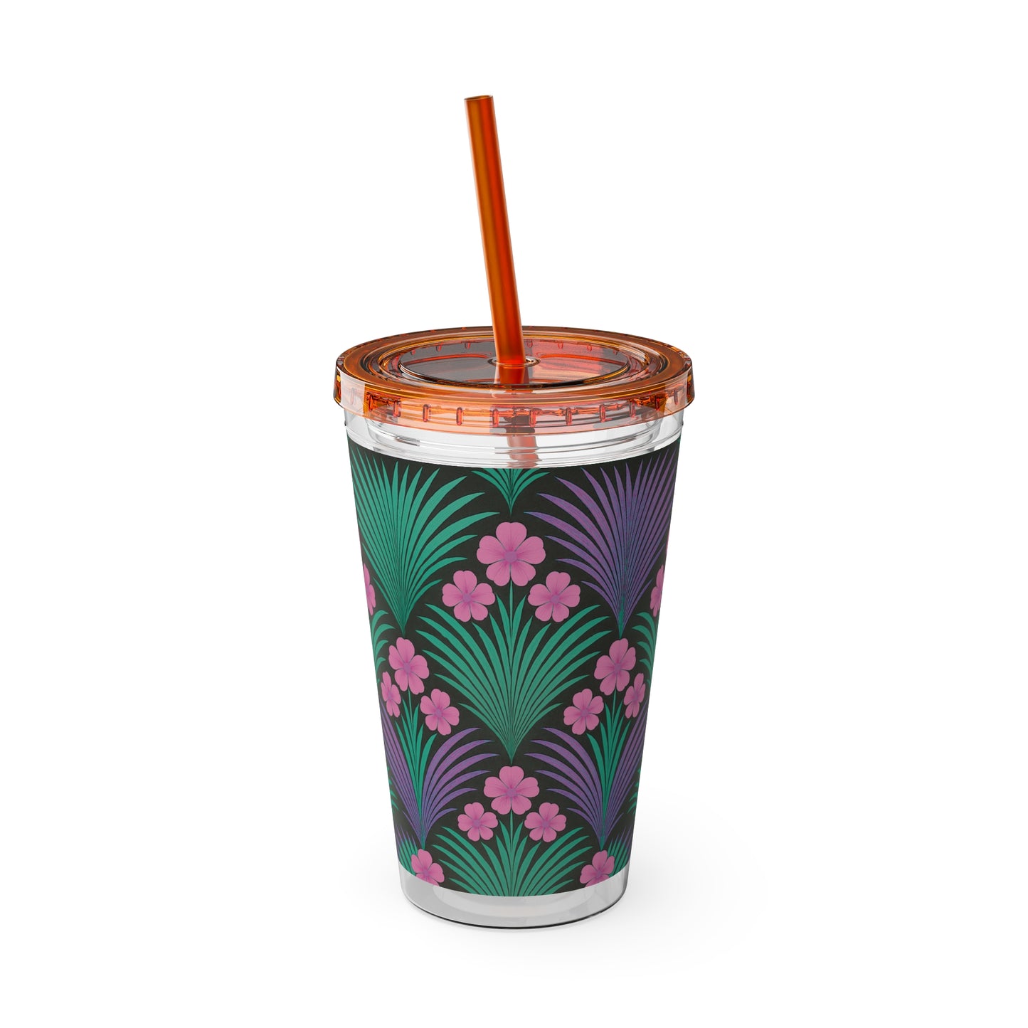 Tropical Tumbler with Straw | 16oz Colorful Travel Cup / Midnight Hibiscus Deco, Pink