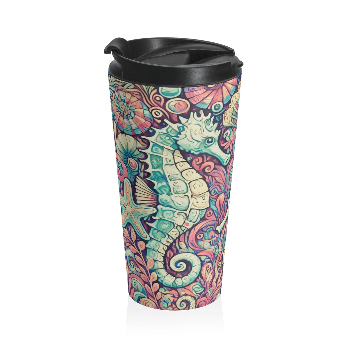 15 oz. Stainless Steel Travel Mug / Seahorse Trio, Retro