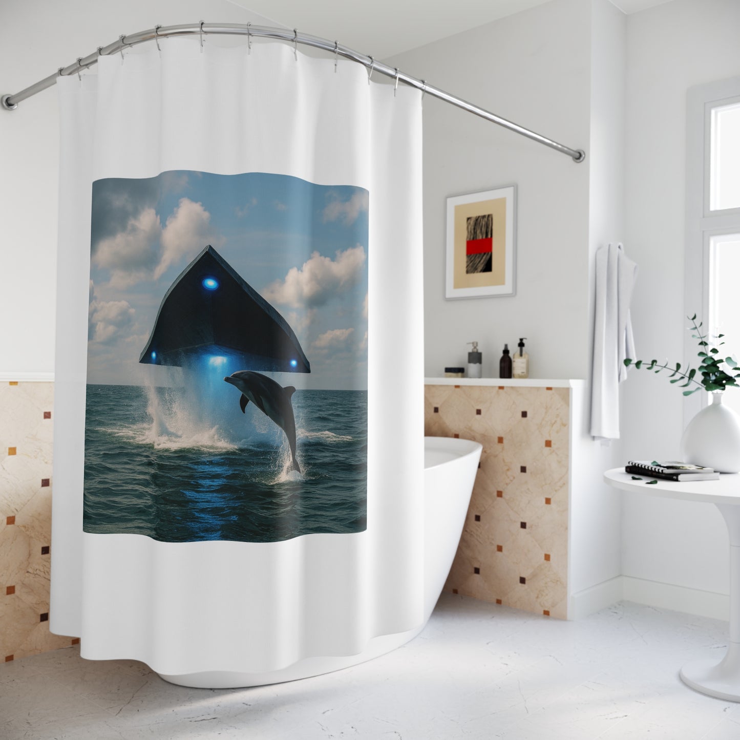 Tropical Shower Curtain - UFO and Dolphin, White / Ocean Decor
