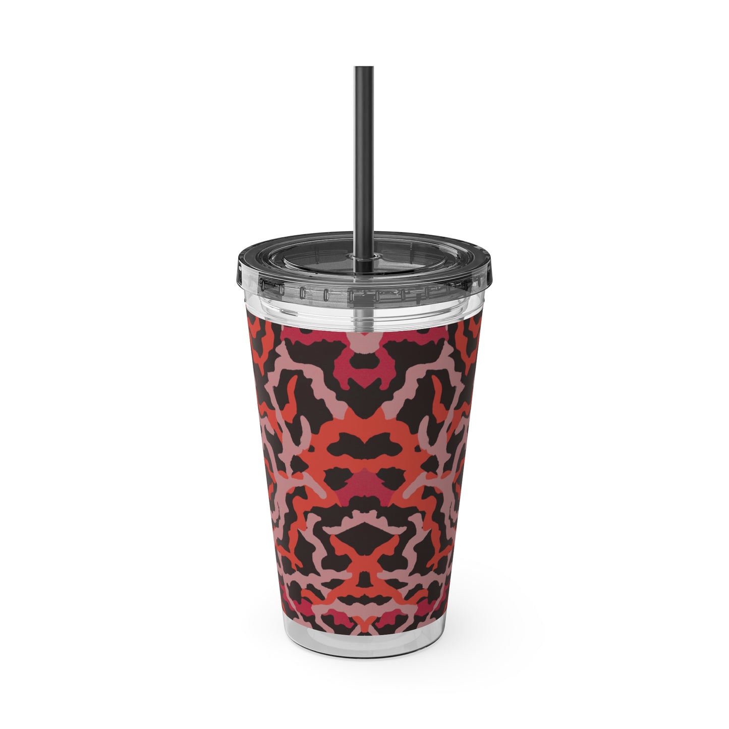 Tropical Tumbler with Straw | 16oz Colorful Travel Cup / Coral Threads, Red