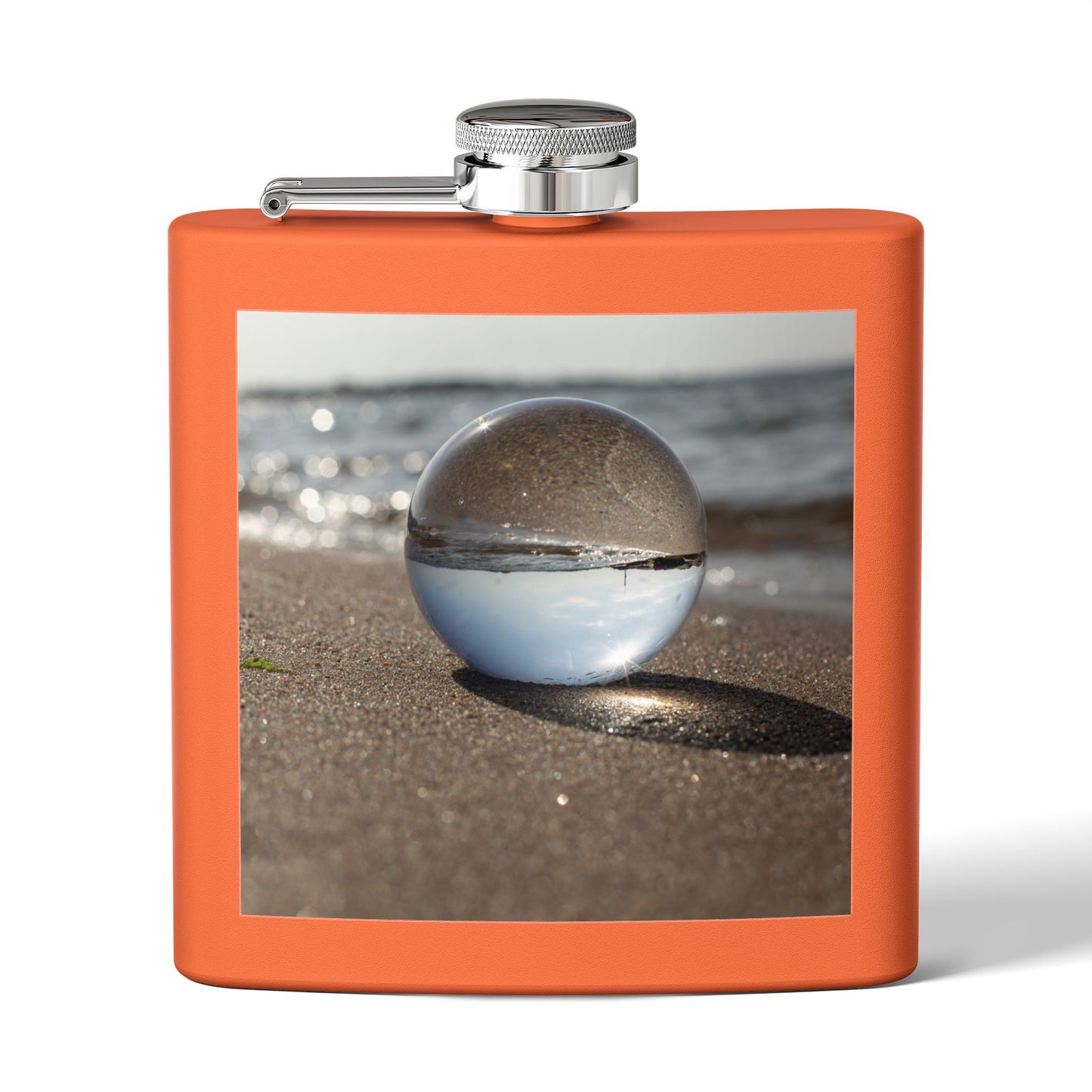 Tropical Stainless Steel 6 oz. Flask, Many Colors  – Crystal Ball on Smooth Beach