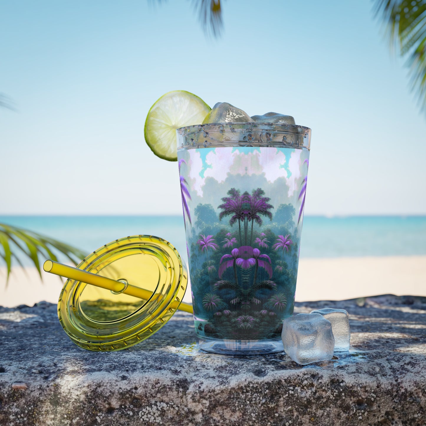 Tropical Tumbler with Straw | 16oz Colorful Travel Cup / Sleeping Parrot/Fantasy