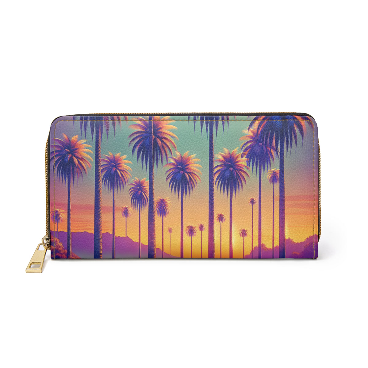Tropical Zipper Wallet, Faux Leather / Vibrant Clutch / Sunset Palms
