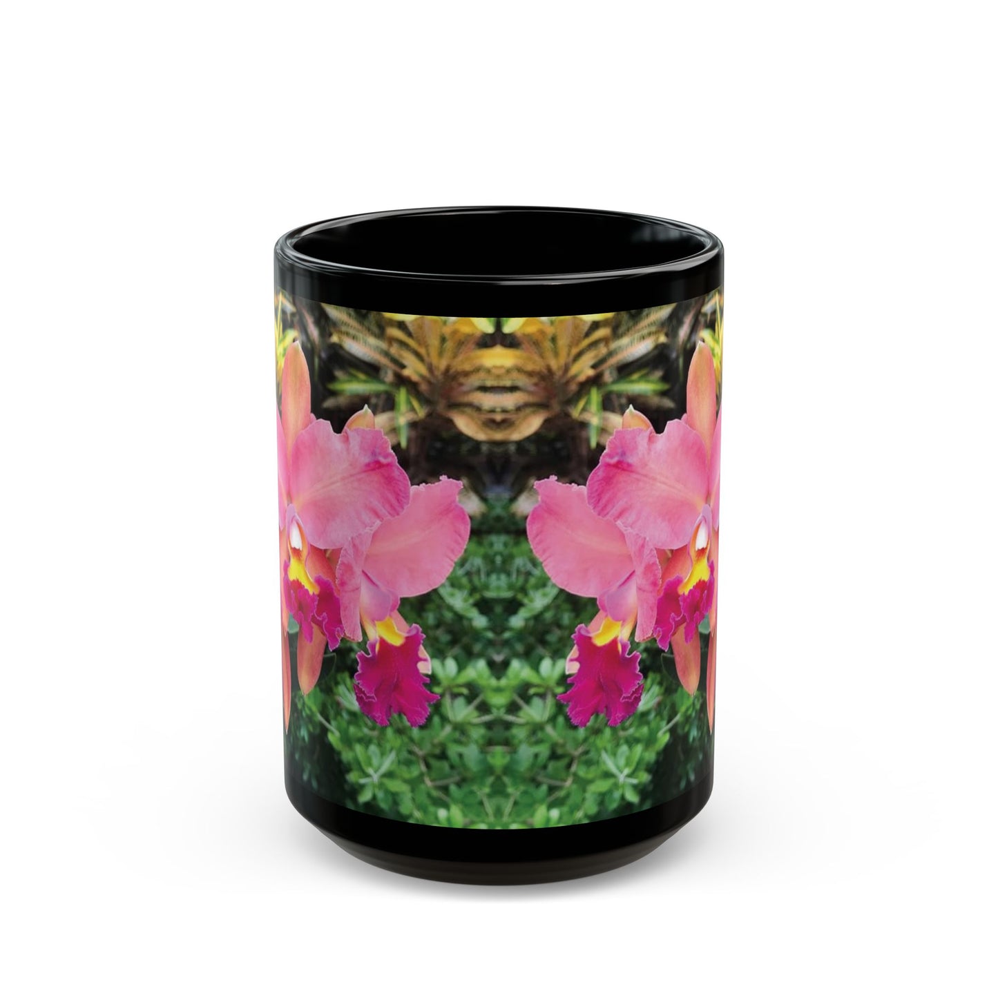Black Coffee Mug - Triple Pink Orchids