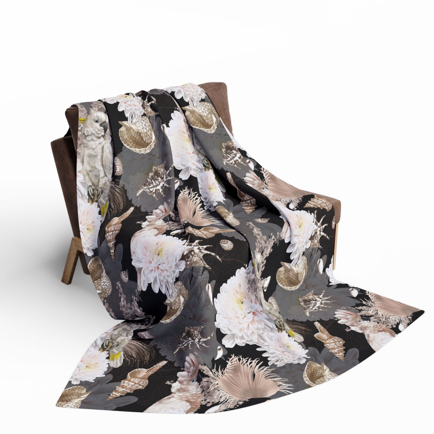 Parrots, Flowers and Seashells Fleece Blanket - Neutrals Tropical Design