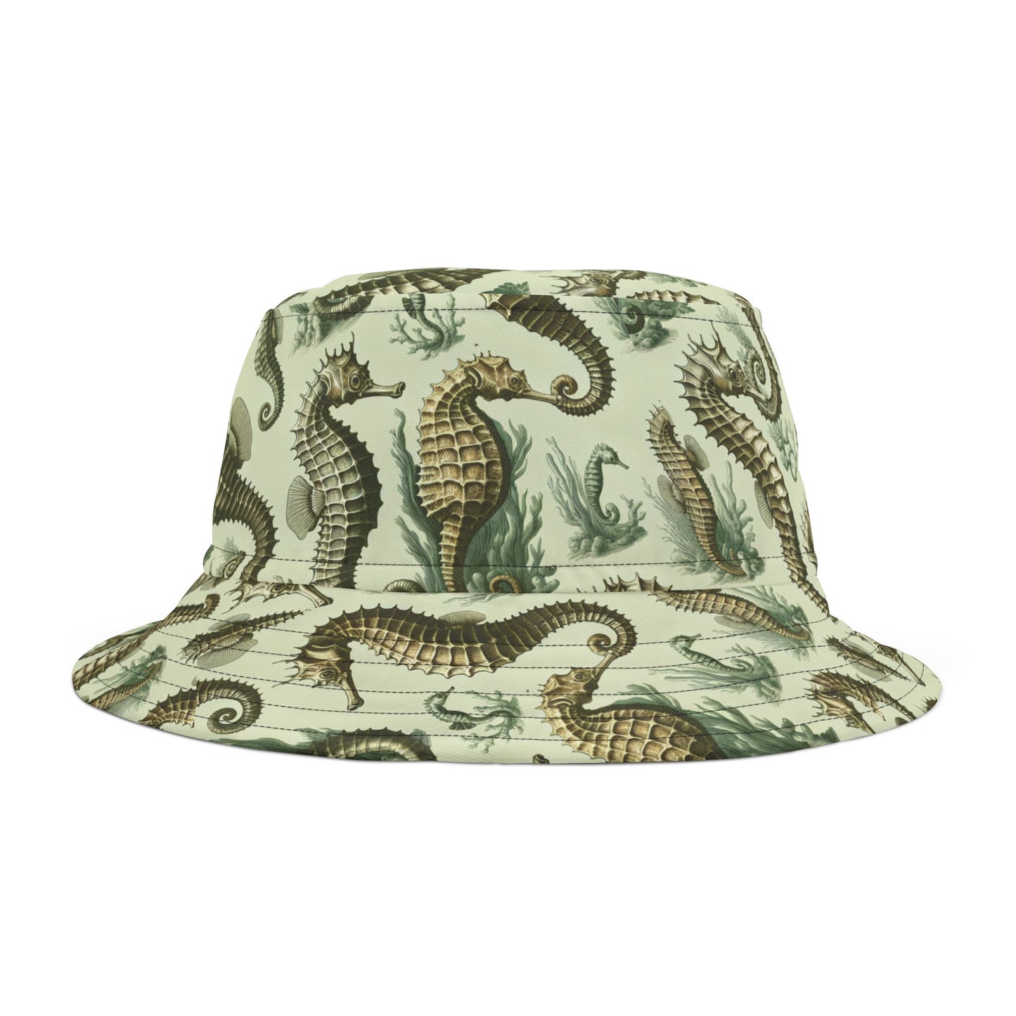 Tropical Polyester Bucket Hat, 2 Sizes - Green Toile Seahorses