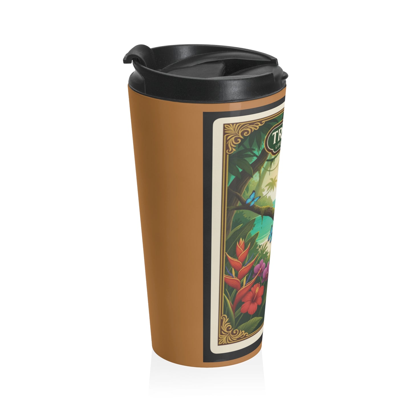 15 oz. Stainless Steel Travel Mug / Parrot & Friends, Light Brown