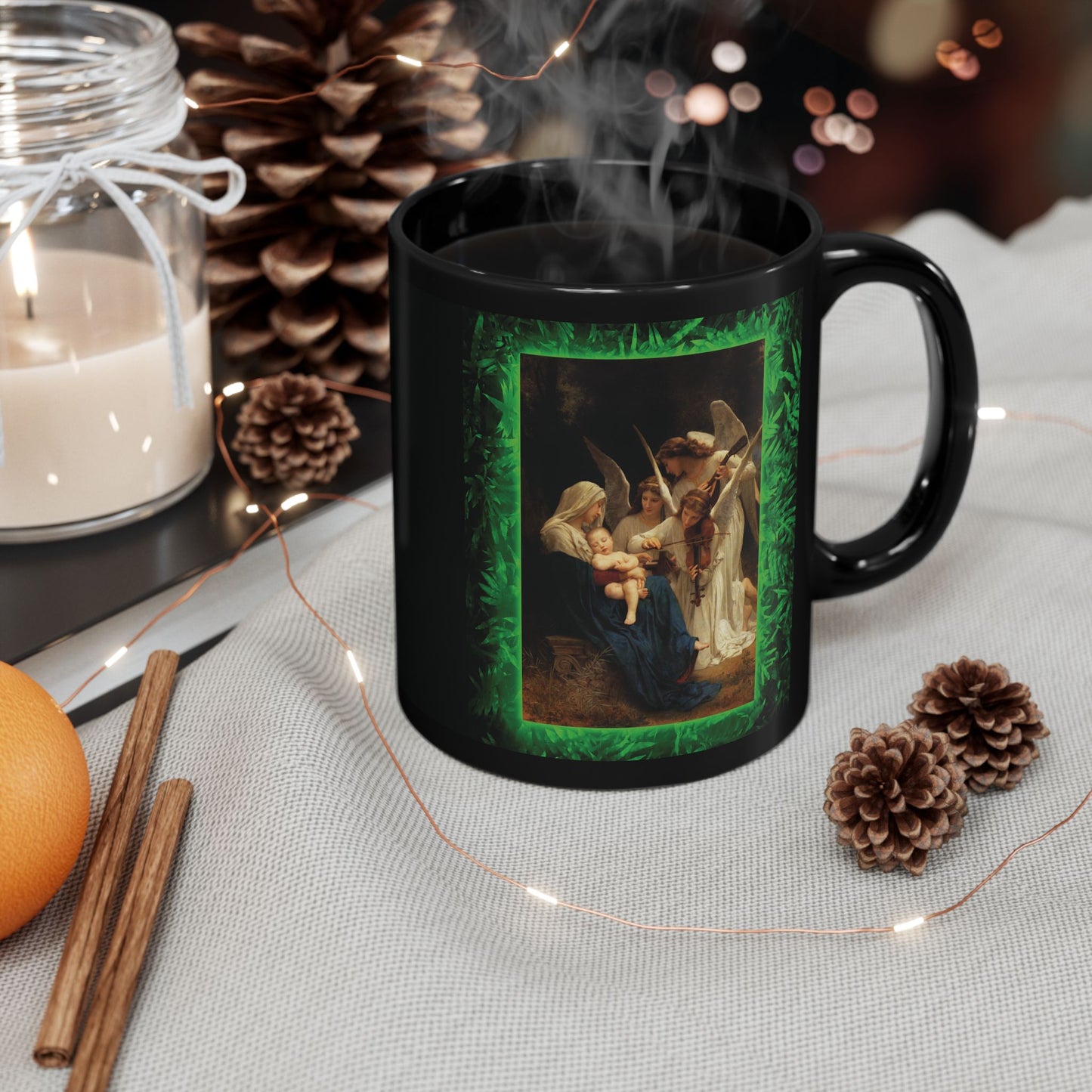 Black Coffee Mug, Religious - Tropical Glow, Song of the Angels