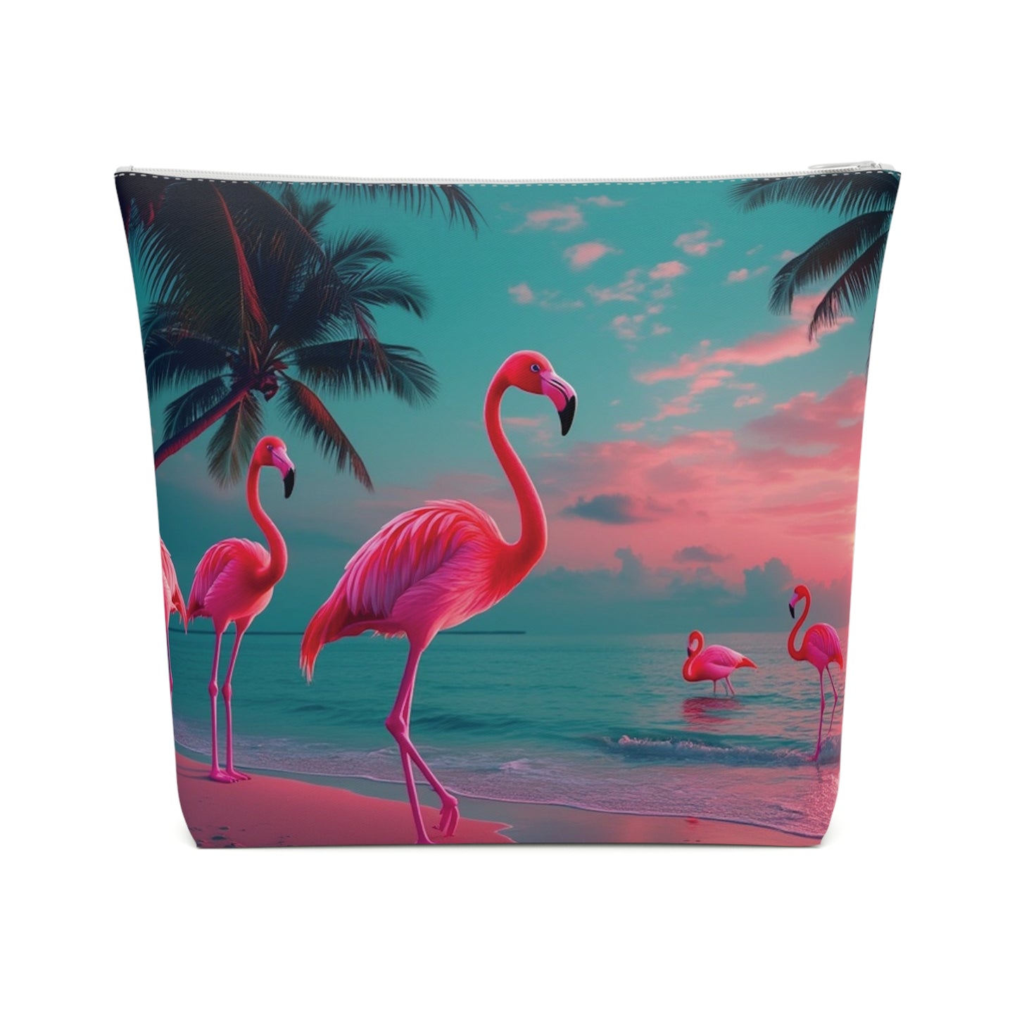 Tropical Cotton Cosmetic Bag, Makeup Pouch, 5 Sizes / Neon Flamingos at Night