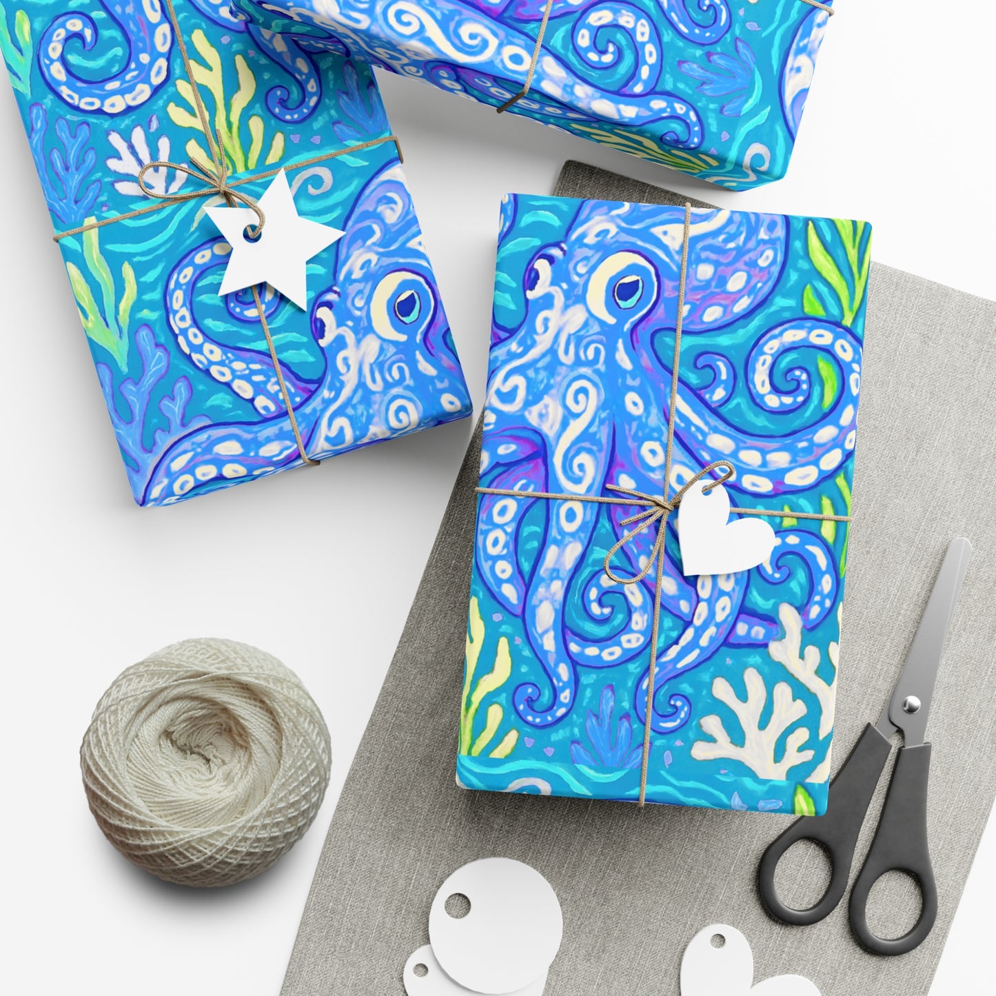 Wrapping Paper - Tropical Gift Wrap for All Occasions / 3 Sizes, 2 Finishes / Octopus Kraken Joe, Blue