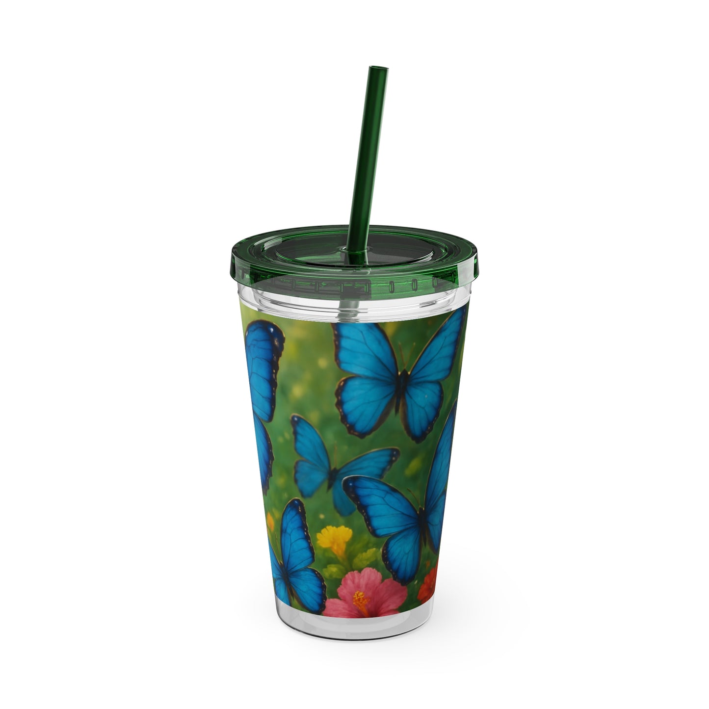 Tropical Tumbler with Straw | 16oz Colorful Travel Cup / Morpho Butterflies Flight