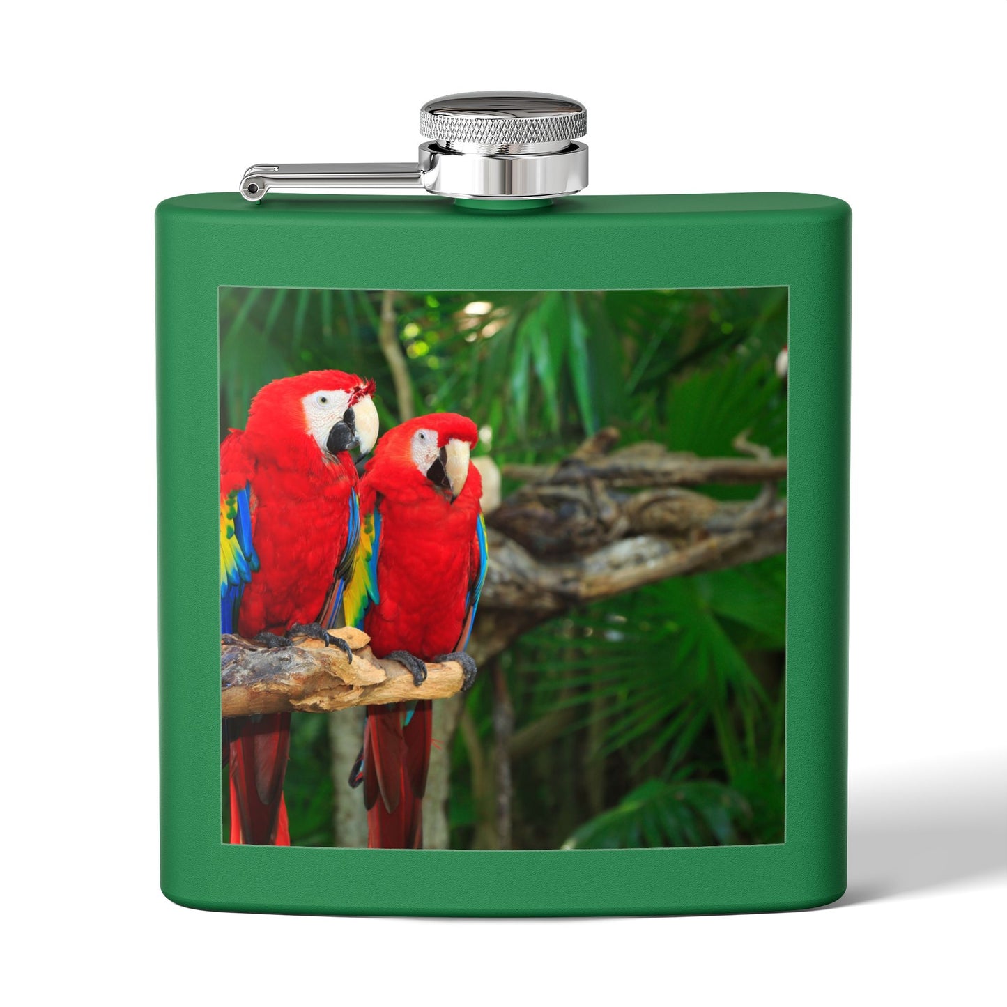 Tropical Stainless Steel 6 oz. Flask, Many Colors  – Two Red Parrots