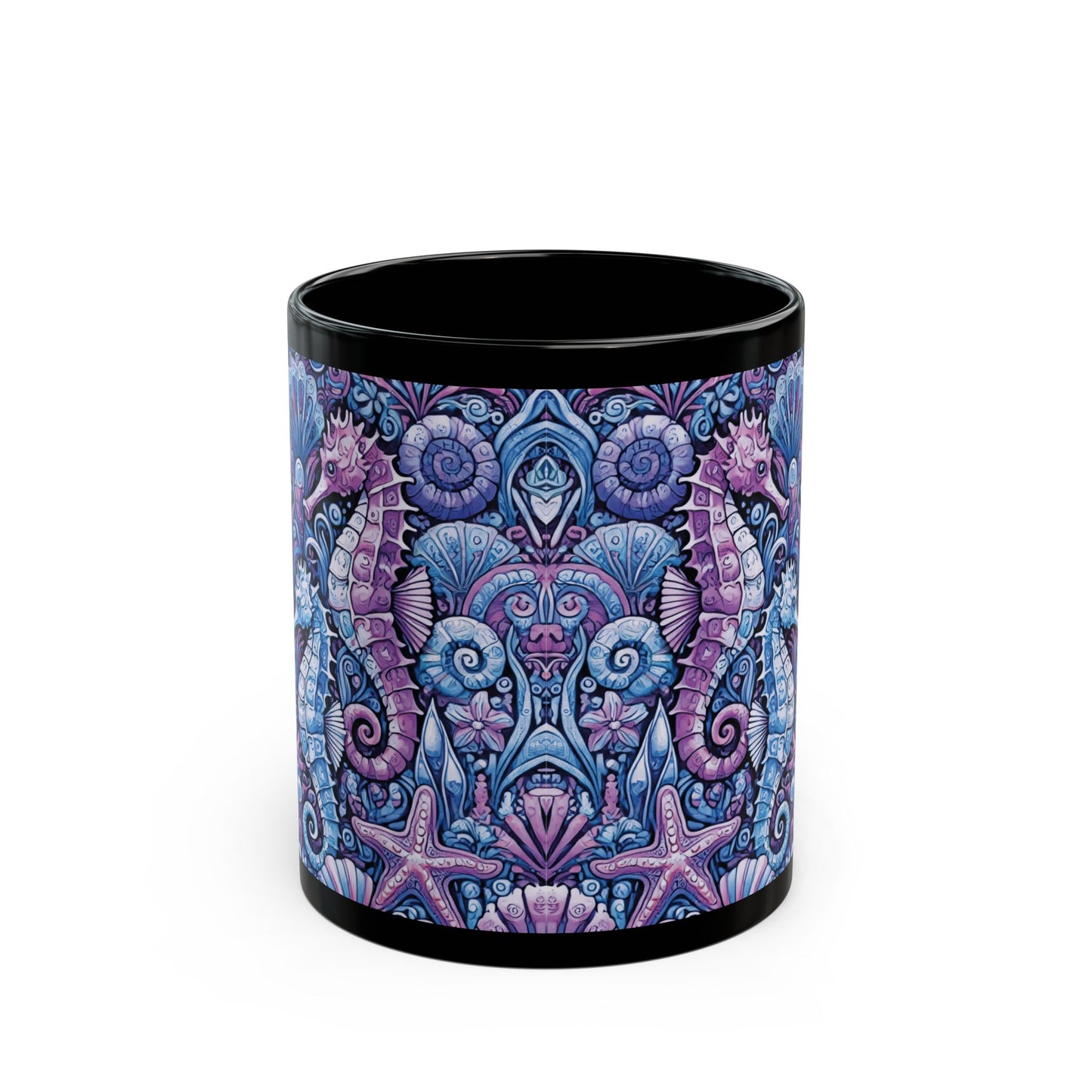 Black Coffee Mug - Seahorse Trio, Purple & Blue