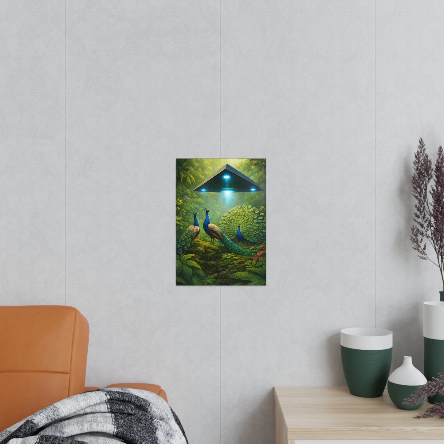 Photopaper Poster — UFO & Peacocks Sci‑Fi Wall Art