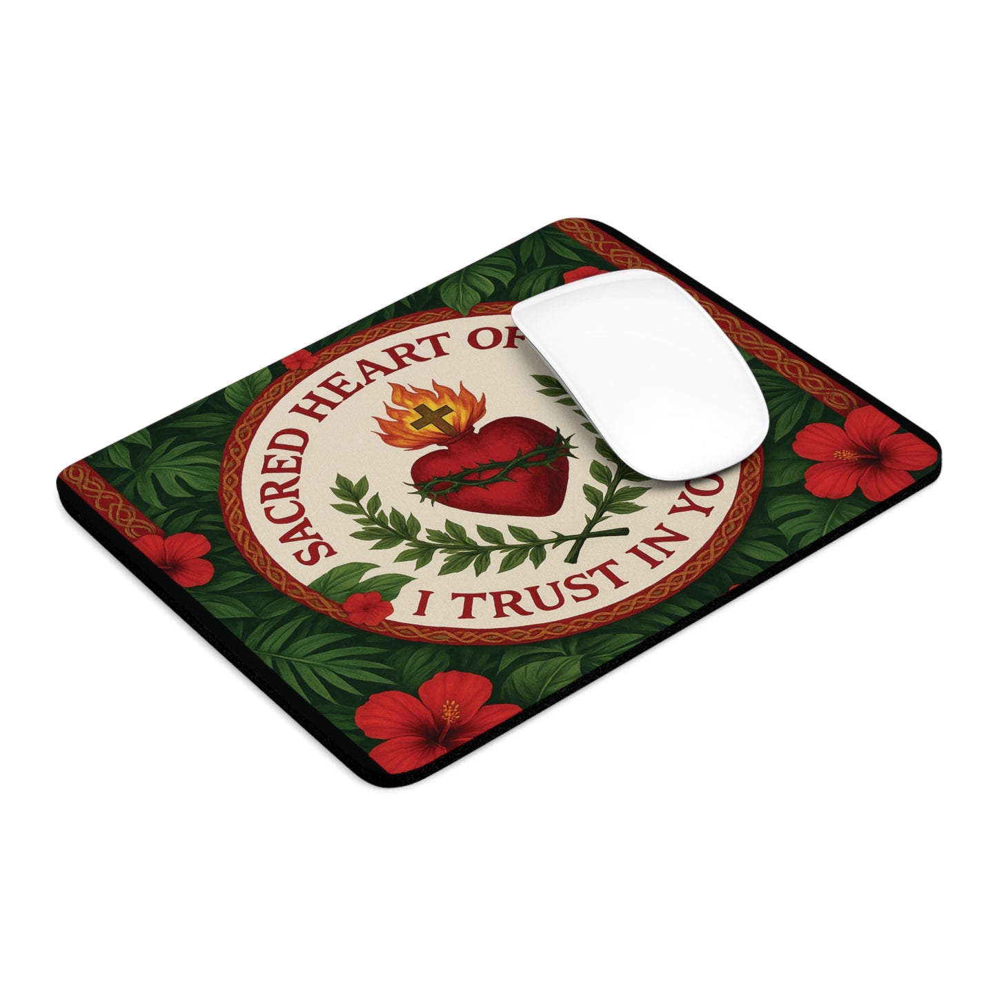 Religious Tropical Mouse Pad, 2 Shapes - Faith Vibes for Home Office & Gamer / Sacred Heart of Jesus Prayer