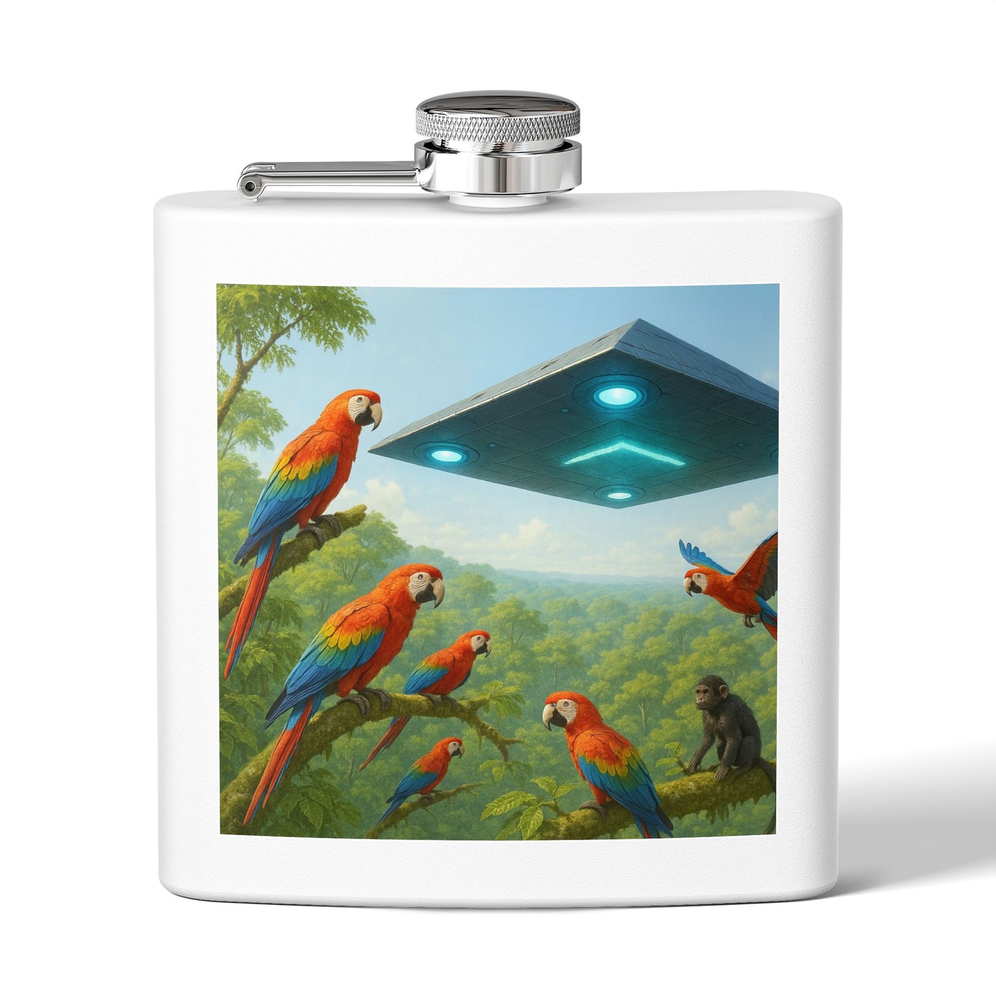 Tropical Stainless Steel 6 oz. Flask, Many Colors  – UFO and Macaws