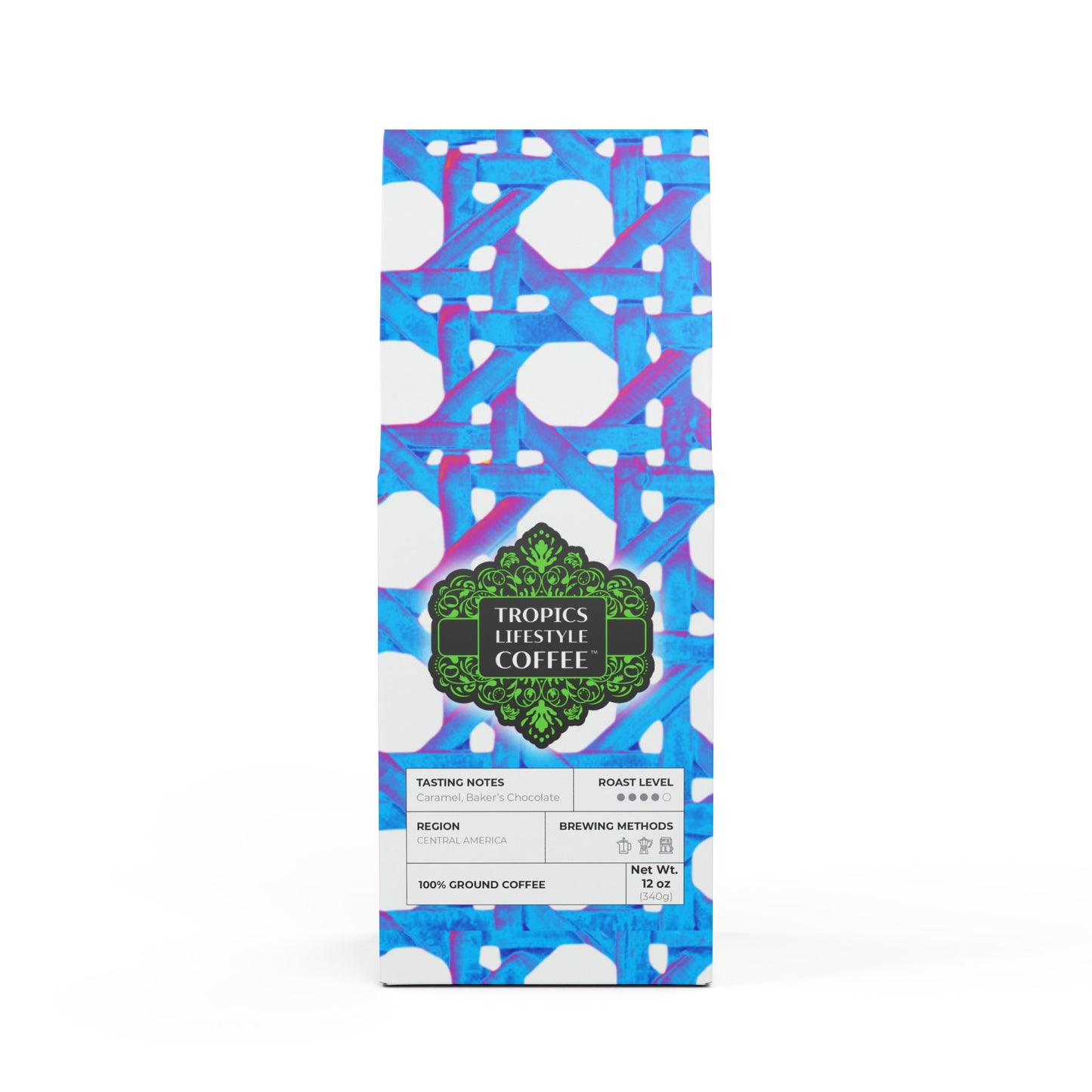 Cocoa Palms Blend™ (Medium-Dark Roast) Specialty Grade Craft Coffee / Chair Wicker, Turquoise