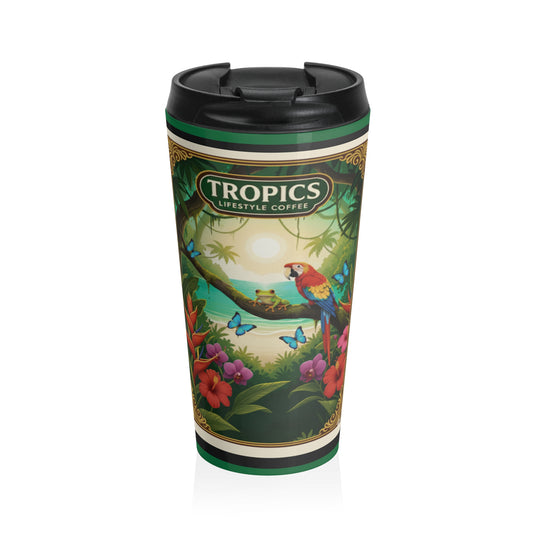 15 oz. Stainless Steel Travel Mug / Parrot & Friends, Dark Green