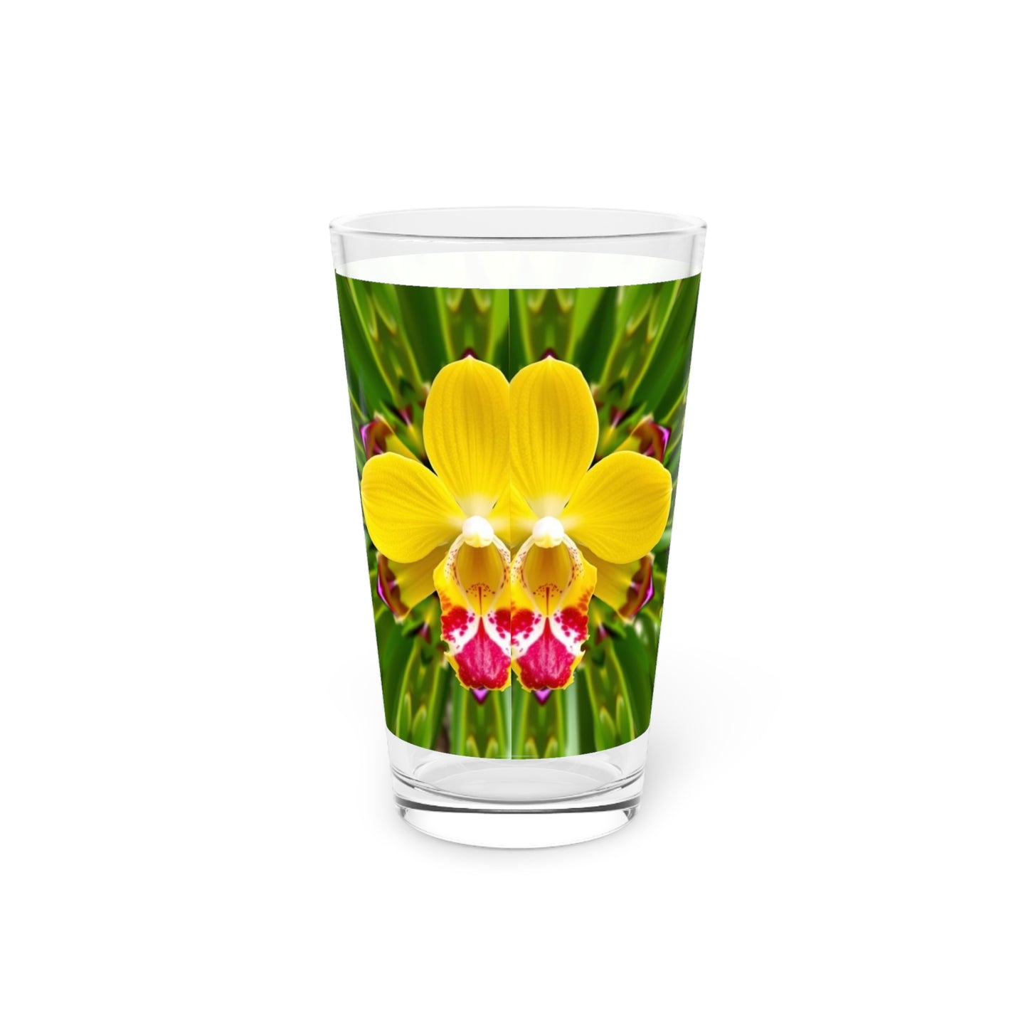 Pint Glass, 16oz, Yellow Orchid Kaleidoscope