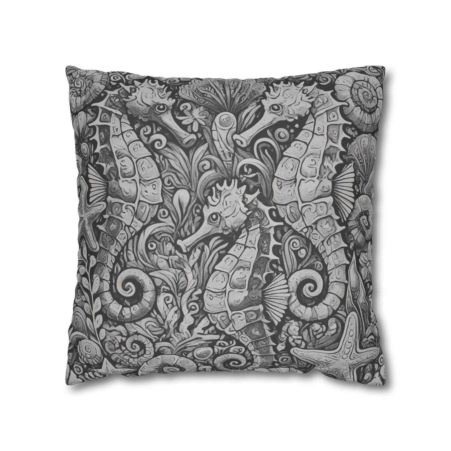 Faux Suede Square Pillowcase - Seahorse Trio, Noir