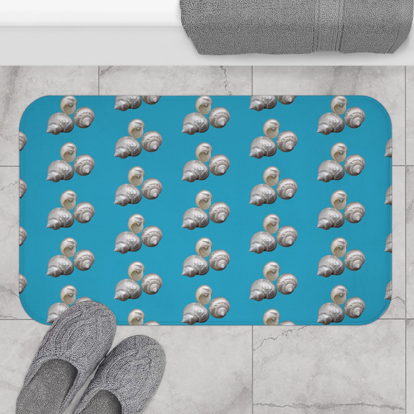 White Nautilus Shell/Turquoise Bath Mat, 2 Sizes - Tropical Vibes for Home Decor