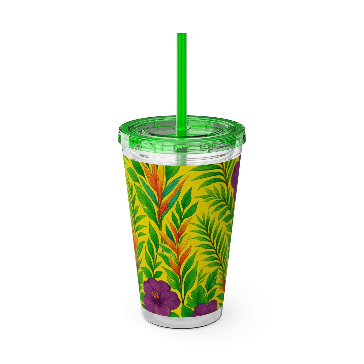 Tropical Tumbler with Straw | 16oz Colorful Travel Cup / Midnight Flower Yellow