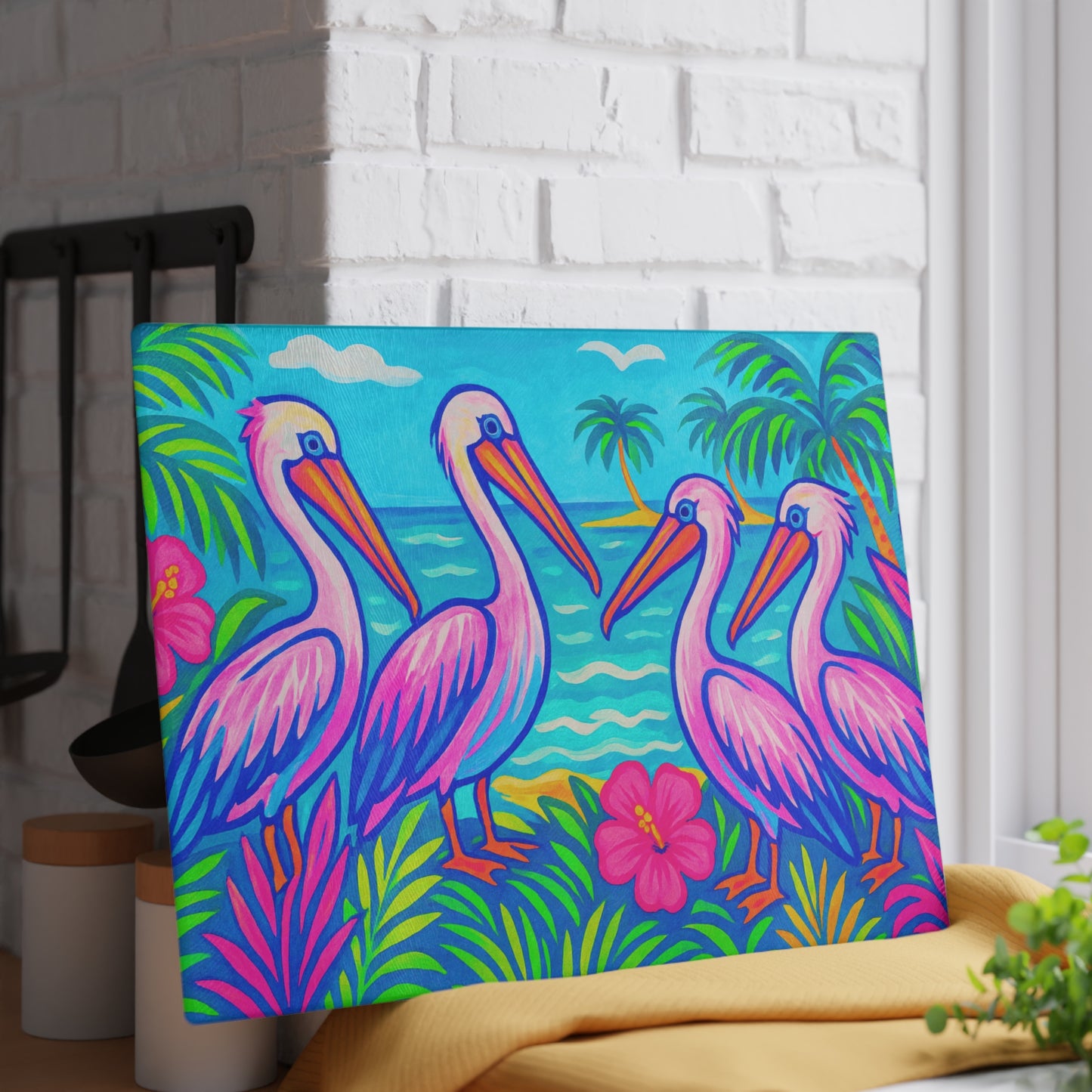 Glass Cutting Board, 2 sizes - Beach Pelican Party