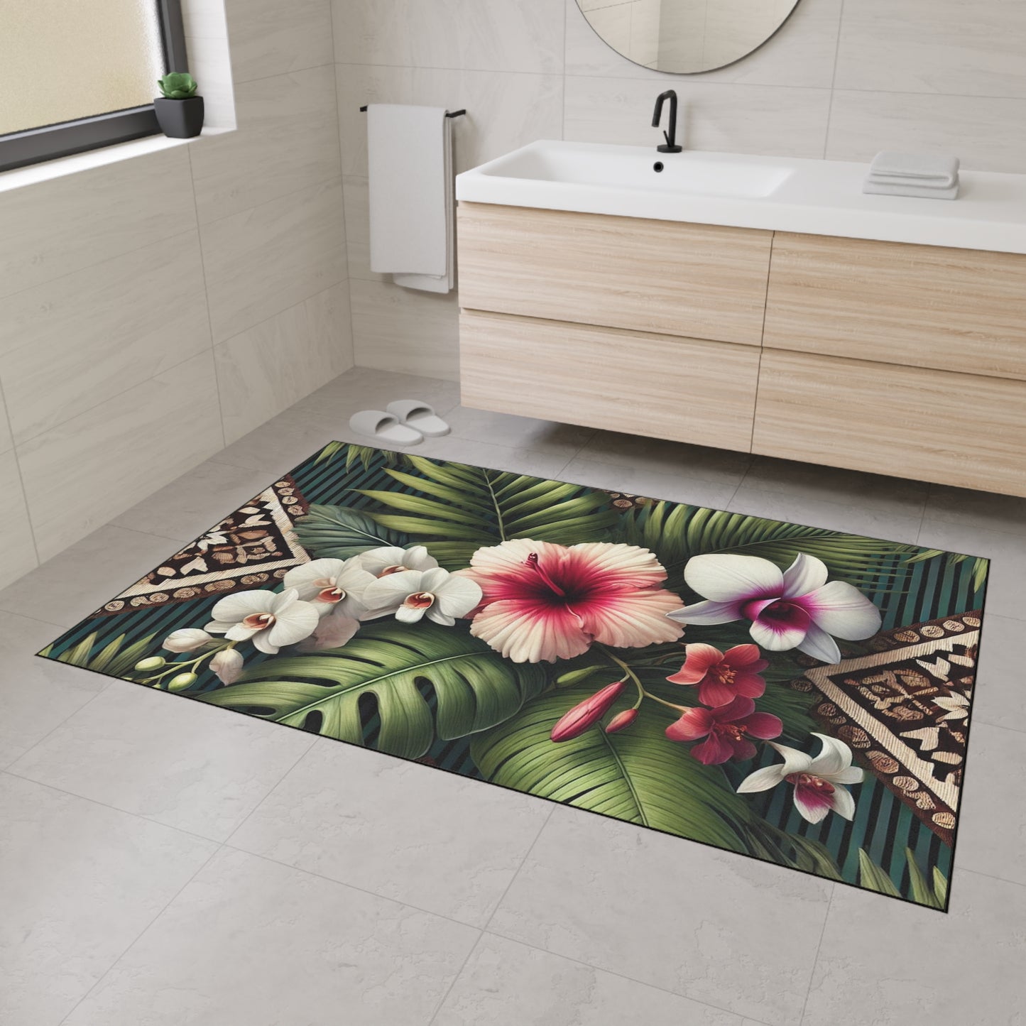 Heavy Duty Floor Mat, 5 Sizes – Tropical Area Rug for Home Décor / Tiki Orchids