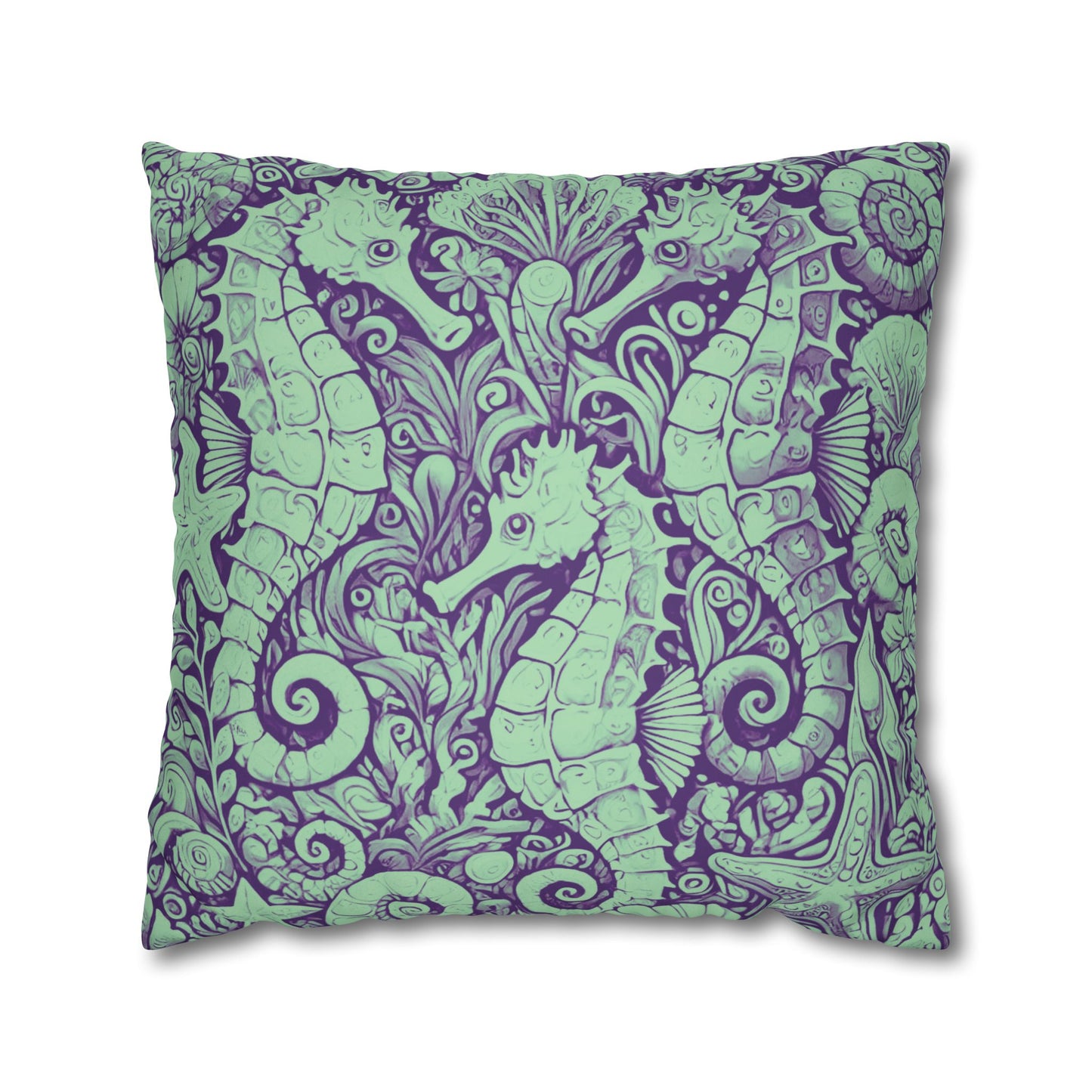 Faux Suede Square Pillowcase - Seahorse Trio, Minty
