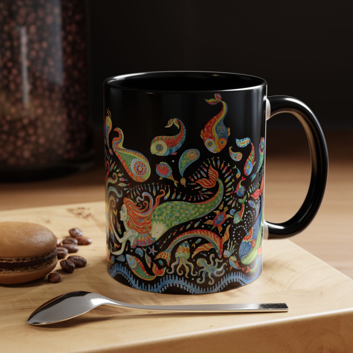 Mermaid Kingdom/Black, Coffee Mug, 8 Colors - Fun Tropical Drinkware for Beach Vibes