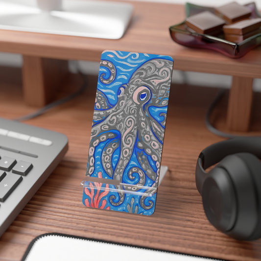 Stylish Smartphone Display Stand with Octopus Artwork - Kraken Joe/Blue
