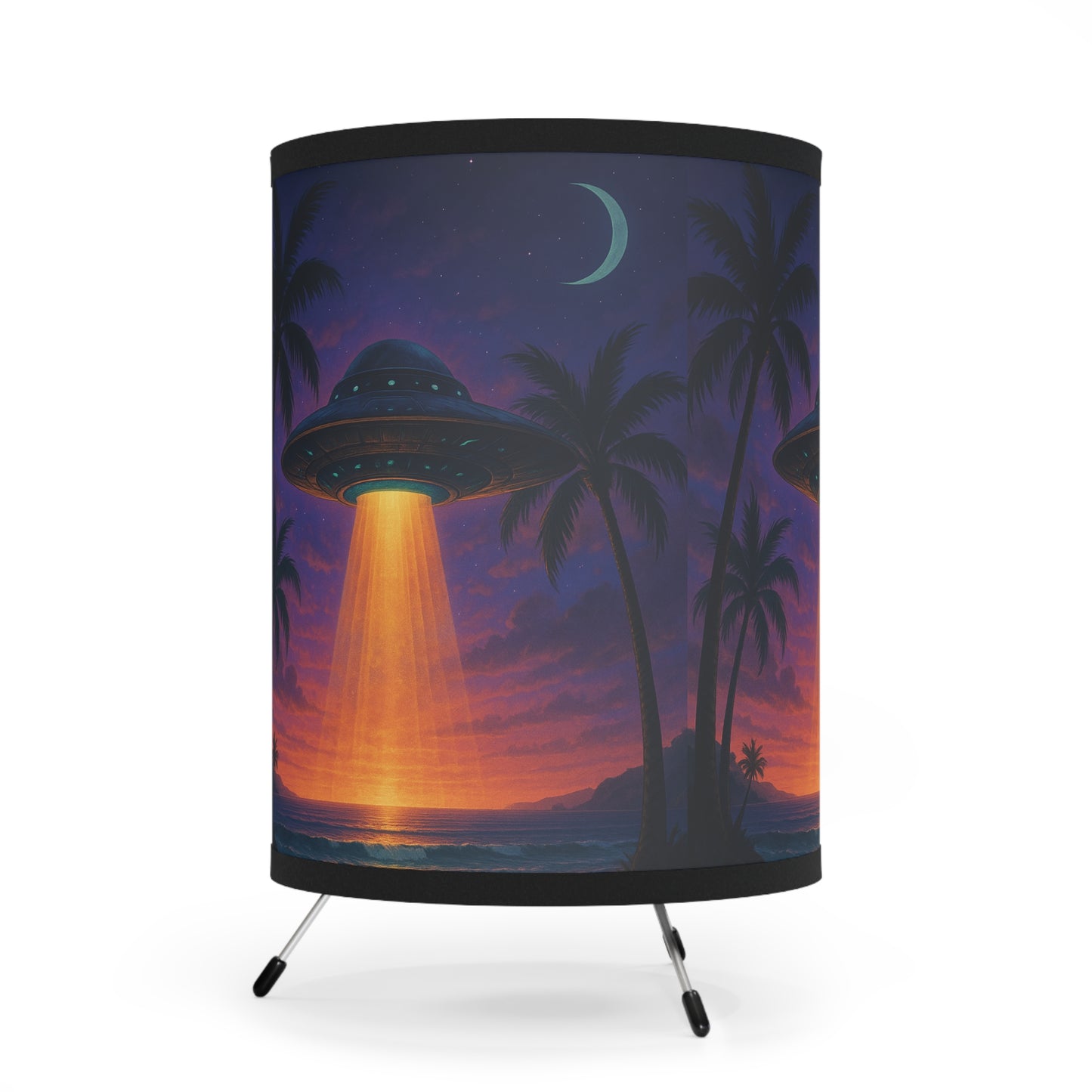 Beach UFO at Night Tripod Lamp with Artistic High-Res Shade - Perfect for Home Décor