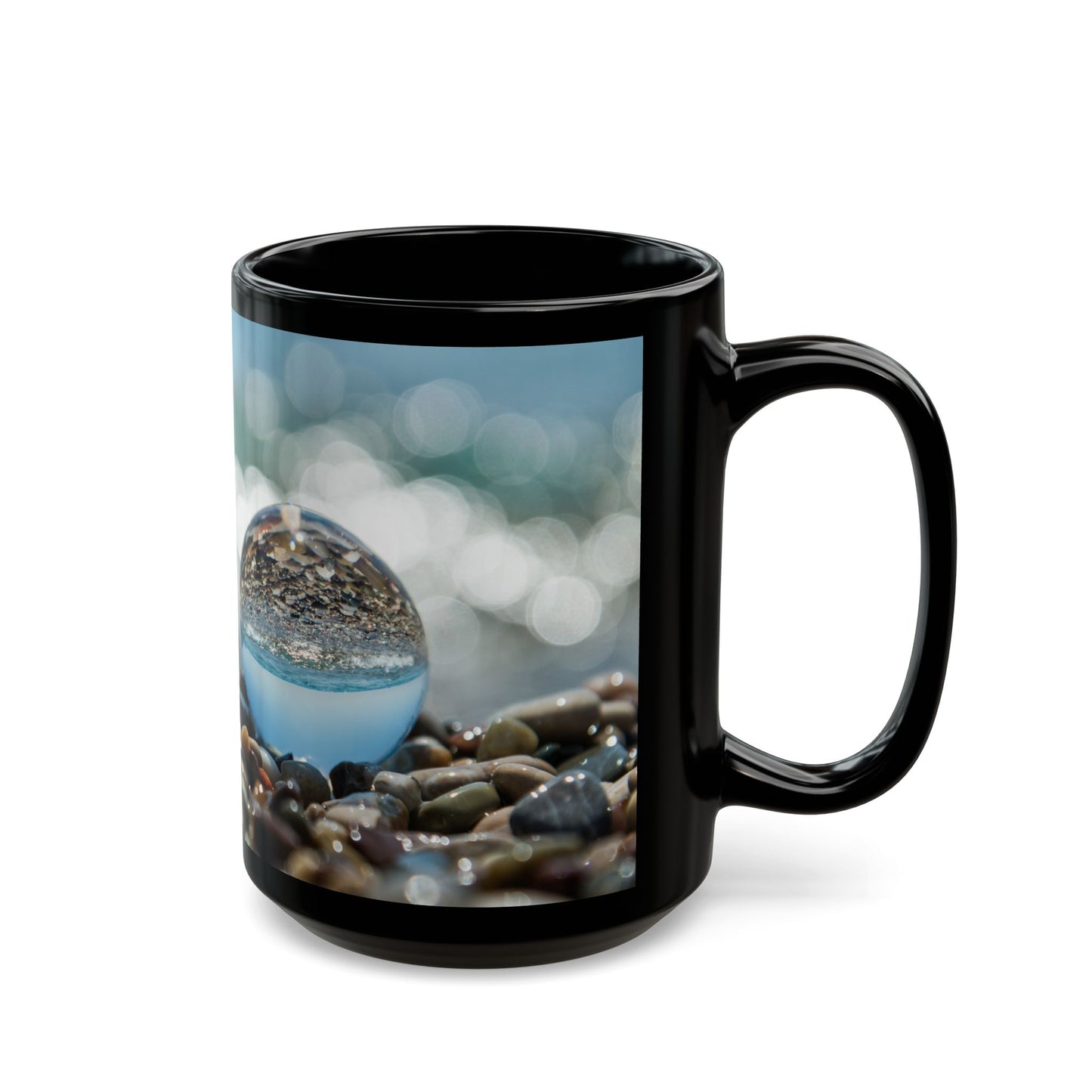 Black Mug (11oz, 15oz), Crystal Ball on Pebbled Beach