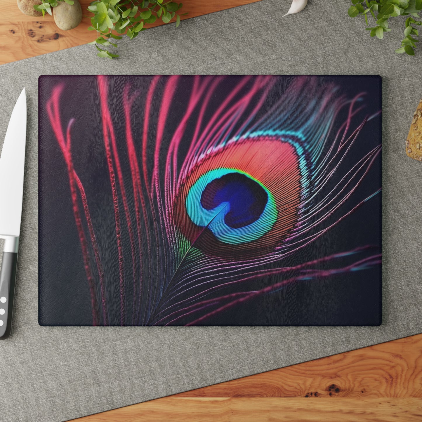 Glass Cutting Board, 2 sizes - Peacock Eye Feather, Magenta