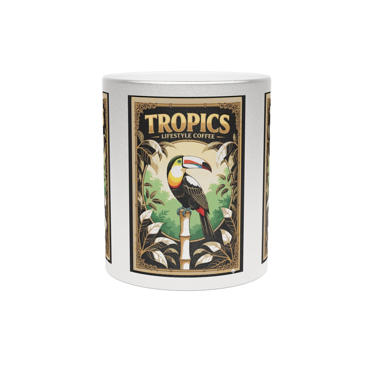 Tropical Metallic Mug, Gold or Silver: Our Coffee Brand, Pearl Parrot Poster