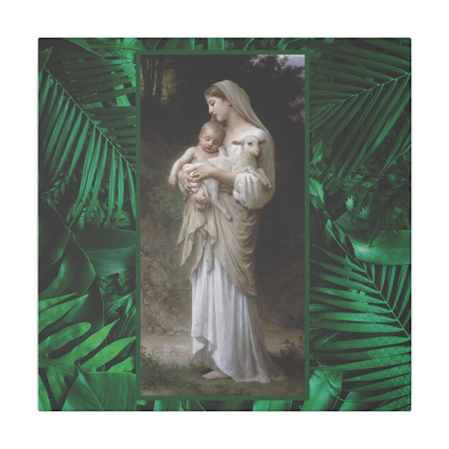 "Tropical Rainforest Innocence" Religious Canvas Artwork - Stretched Canvas Print / Virgin Mary & Jesus