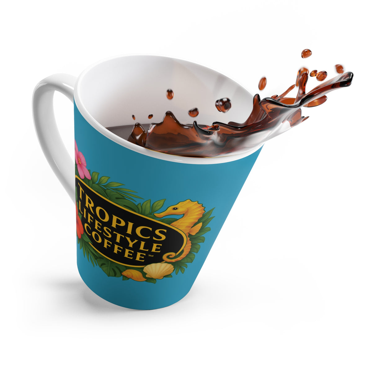 Latte White Mug - Seahorse Fantasy, Turquoise / TLCoffee Logo