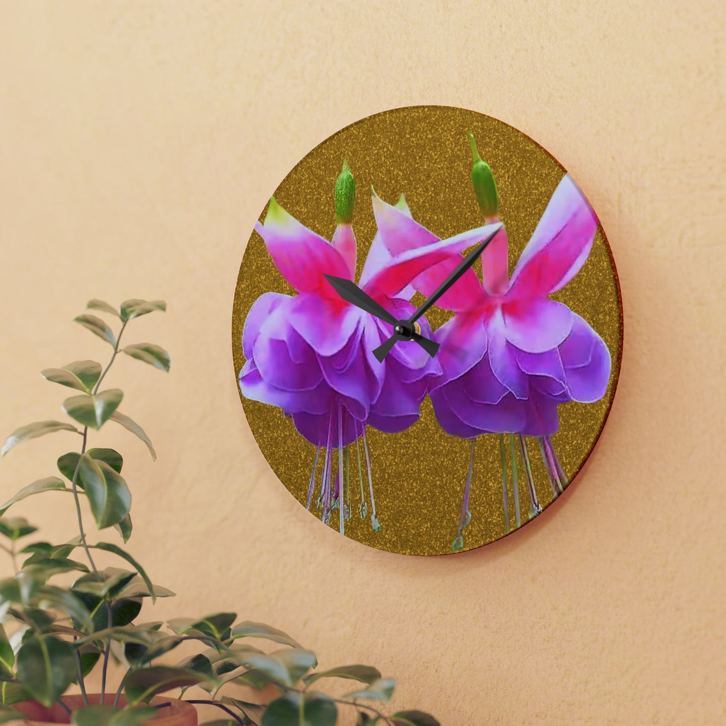 Acrylic Wall Clock, Two Fuchsias/Gold, 4 Variants