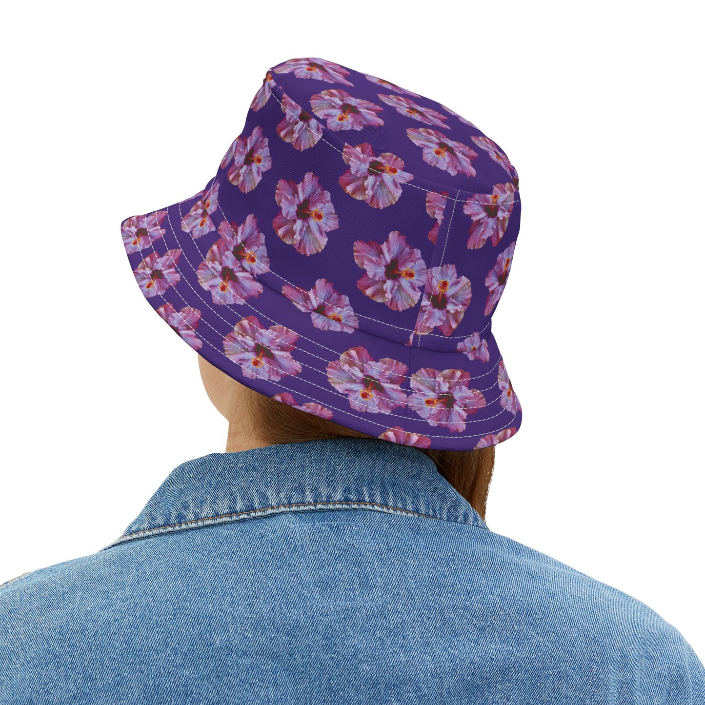 Tropical Polyester Bucket Hat, 2 Sizes - Purple Hibiscus/Purple