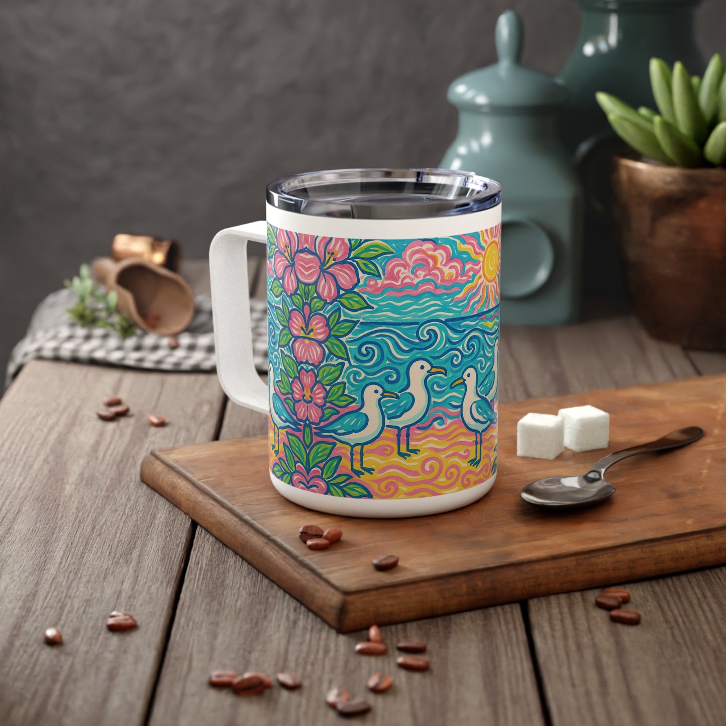 Tropical Insulated Coffee Mug, 10oz / Seagulls on the Beach