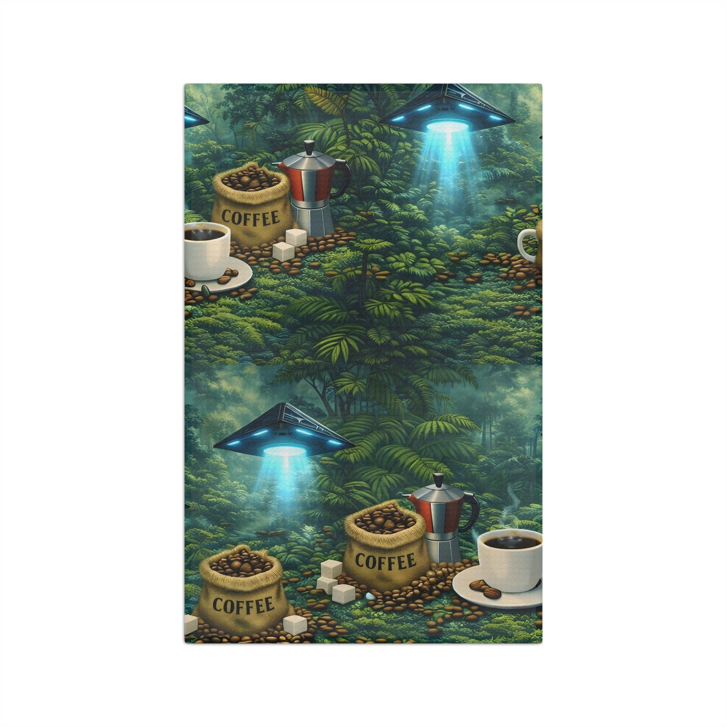Microfiber Coffee/Tea Towel — UFO & Coffee in Rainforest