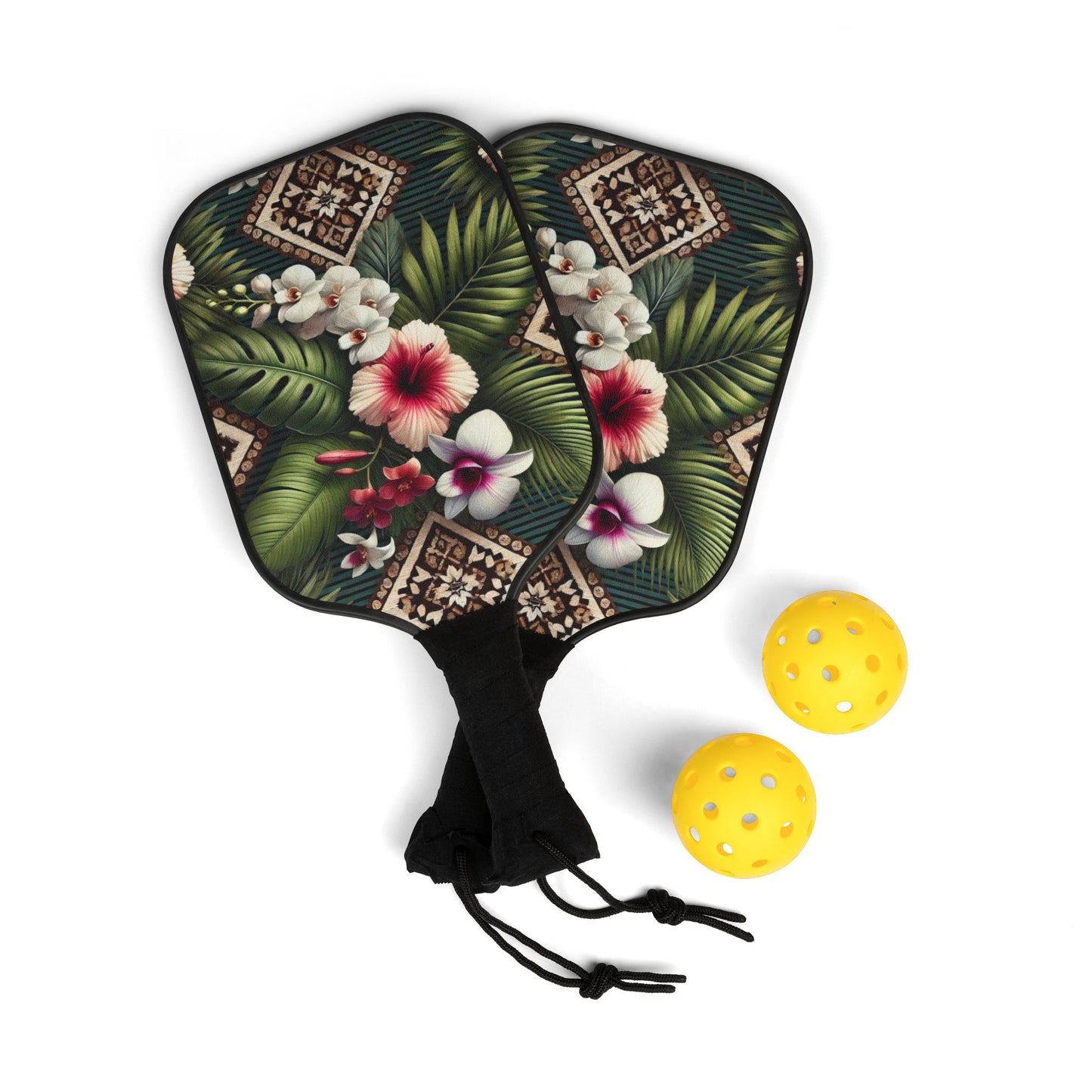 Tropical Pickleball Kit - Beach Vibe Paddles & Balls Set / Tiki Orchids