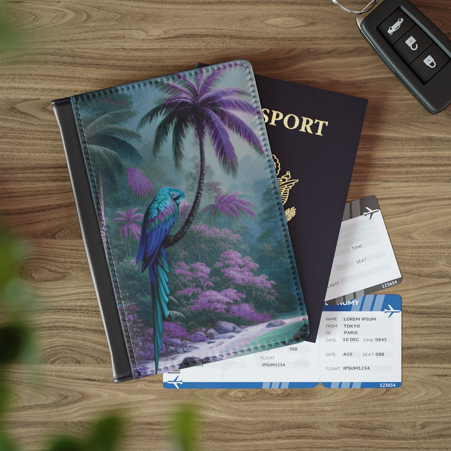 Tropical Passport Cover, Faux Leather - RFID blocking for travel security / Rainforest Sleeping Parrot Beauty, Fantasy