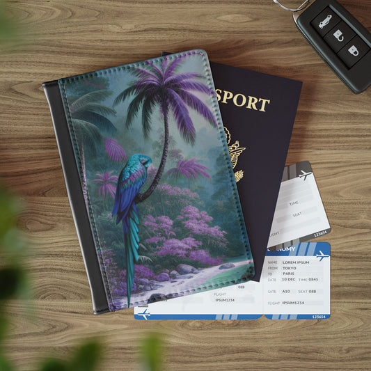 Tropical Passport Cover, Faux Leather - RFID blocking for travel security / Rainforest Sleeping Parrot Beauty, Fantasy