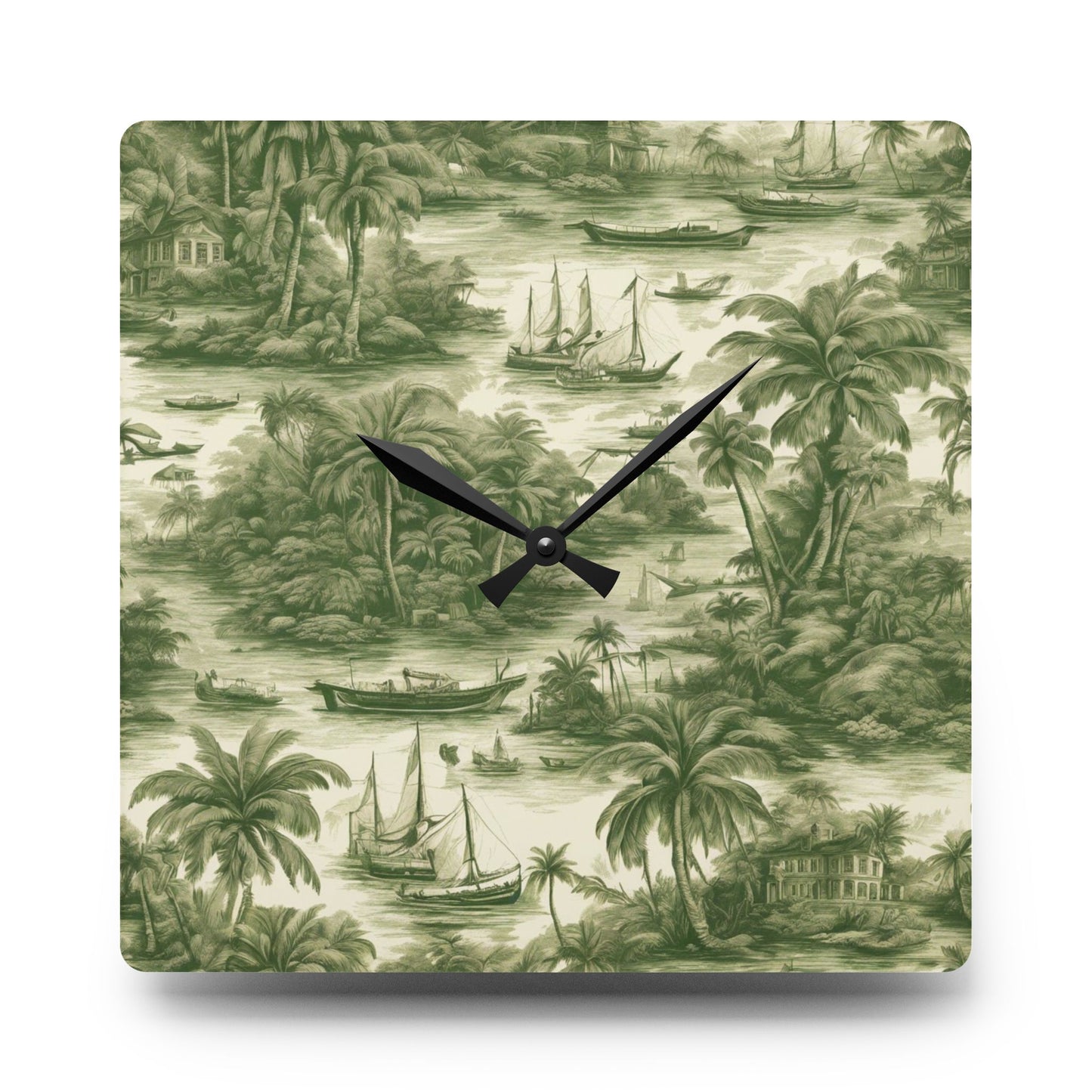 Acrylic Wall Clock, Tropical Toile #1, Green, Various Sizes