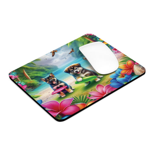 Tropical Mouse Pad, 2 Shapes - Beach Vibes for Home Office & Gamer / Three Puppies on Beach Playing Frisbee