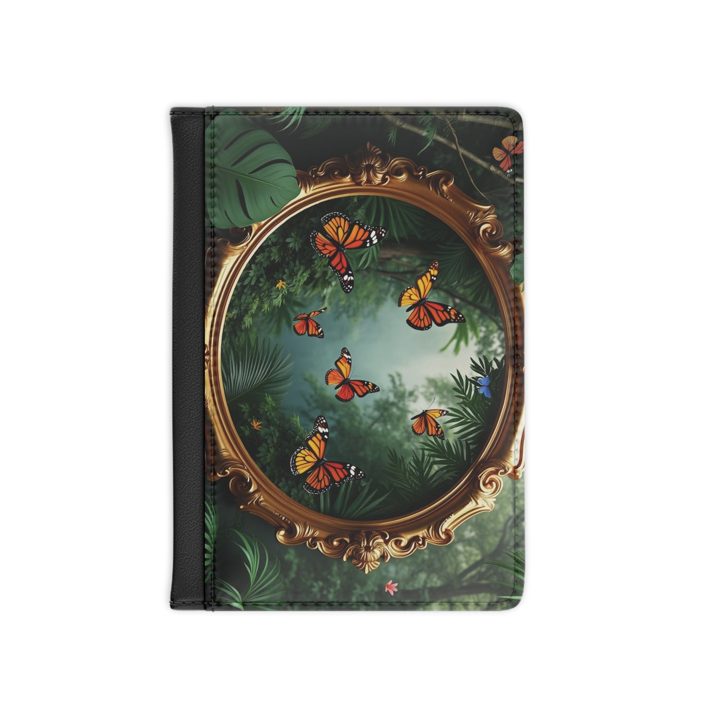 Tropical Passport Cover, Faux Leather - RFID blocking for travel security / Framed Monarch Gathering
