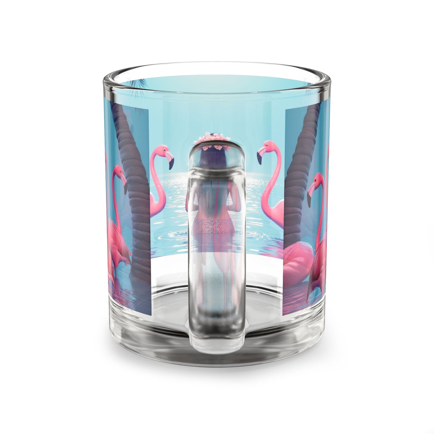 Tropical Glass Mug - 10oz Coffee Cup / Moonlit Mermaid and Flamingos